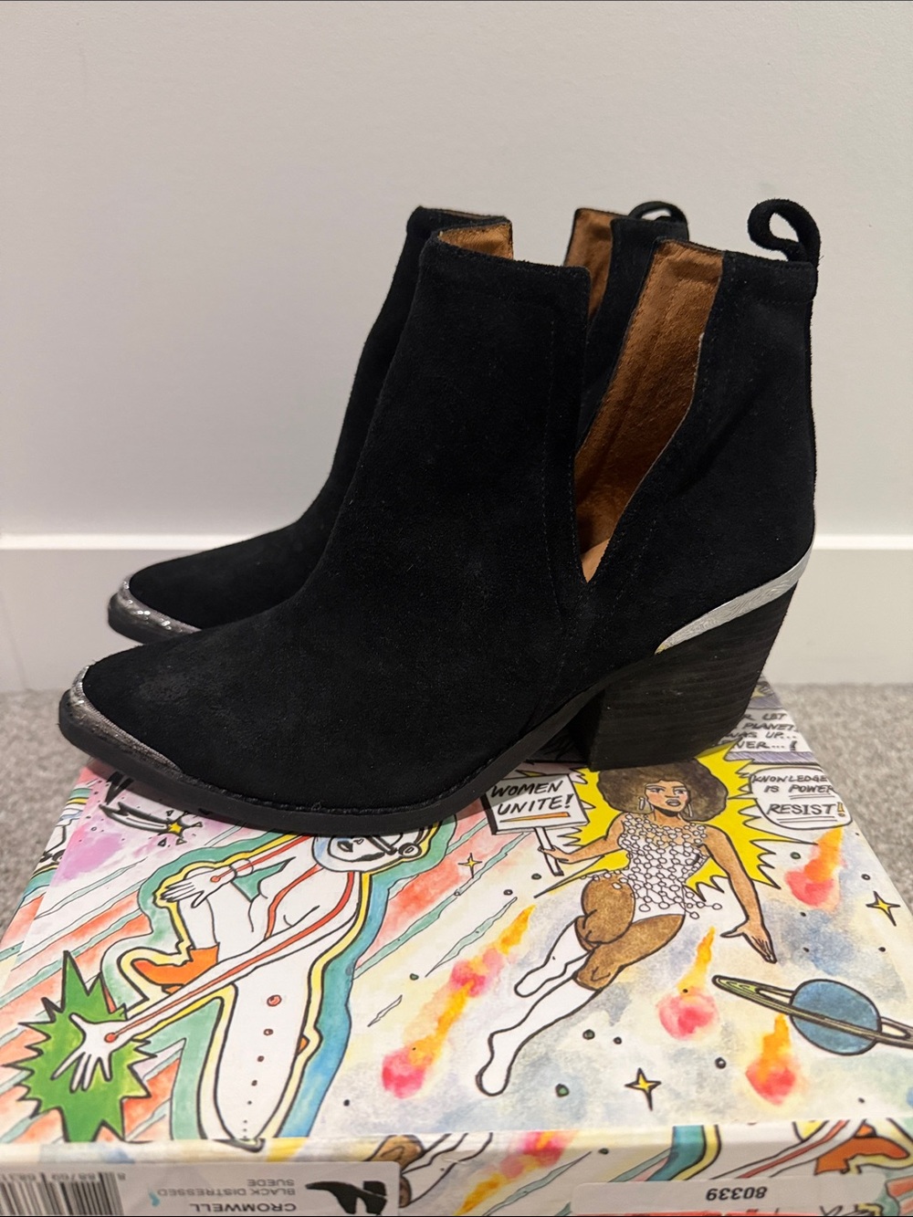 Jeffrey Campbell Black Suede Ankle Boots with Silver Heel Accent
